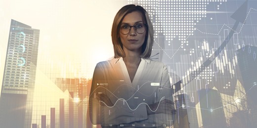 Image of Business success. Multiple exposure of woman, graphs and cityscape