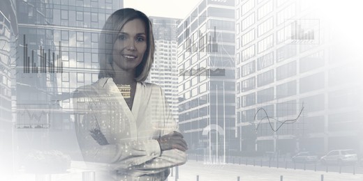 Image of Business success. Multiple exposure of woman, graphs and cityscape