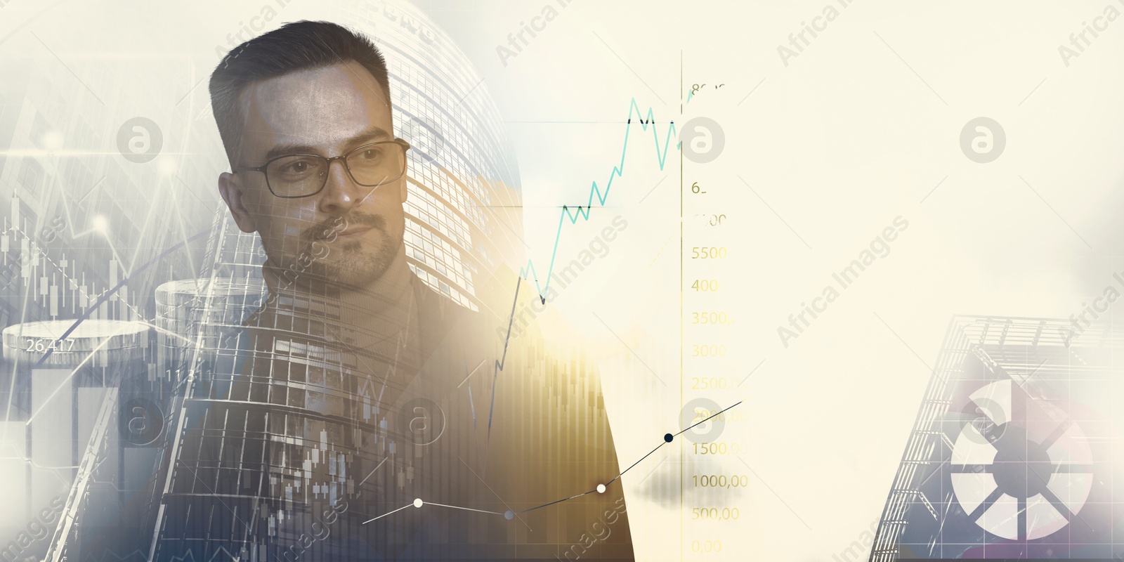 Image of Business success. Multiple exposure of man, graphs and cityscape