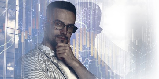 Image of Business success. Multiple exposure of man, graphs and cityscape