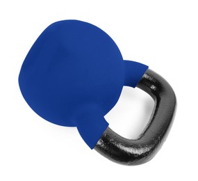 Image of One blue kettlebell isolated on white. Workout equipment