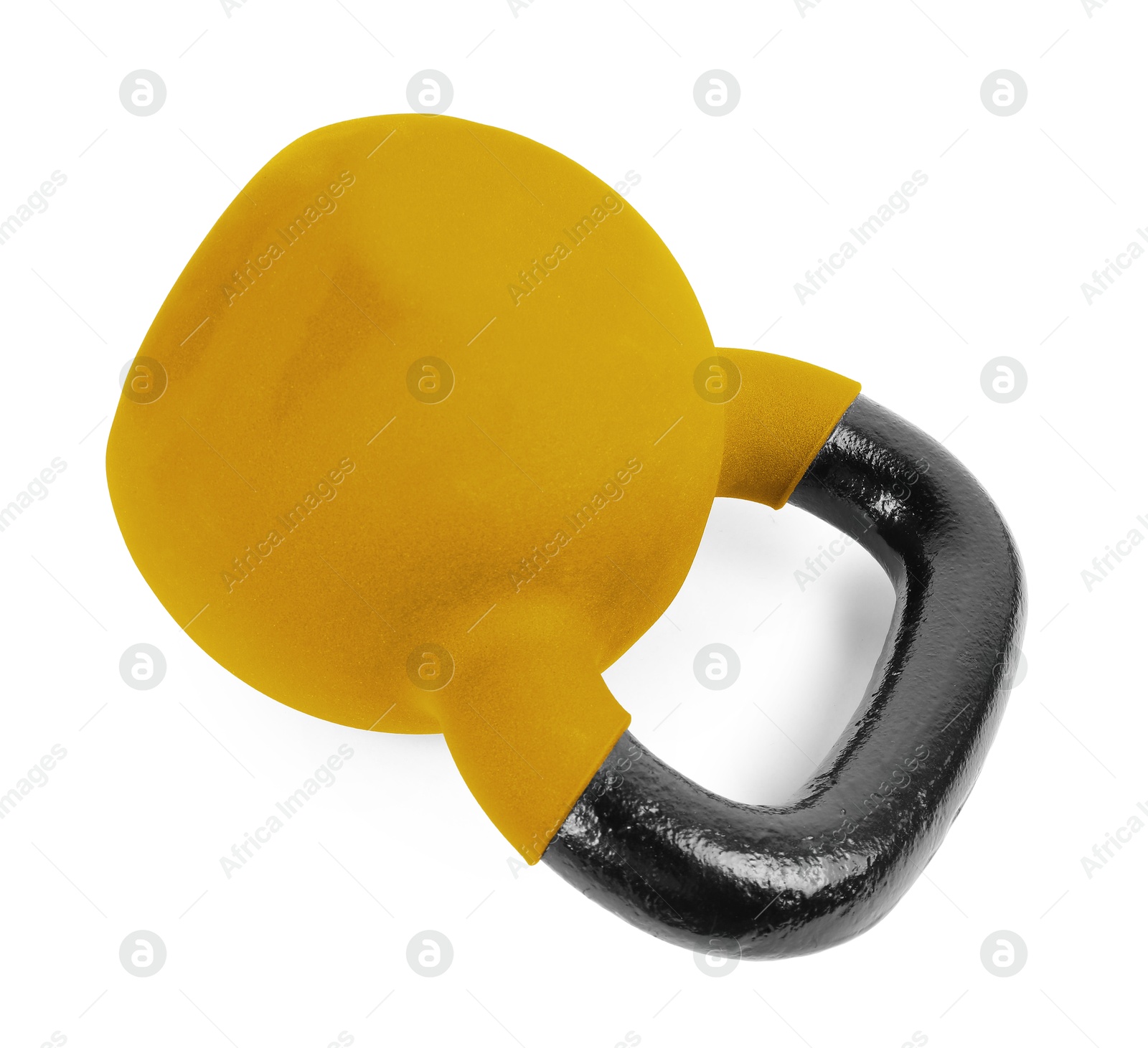 Image of One golden kettlebell isolated on white. Workout equipment