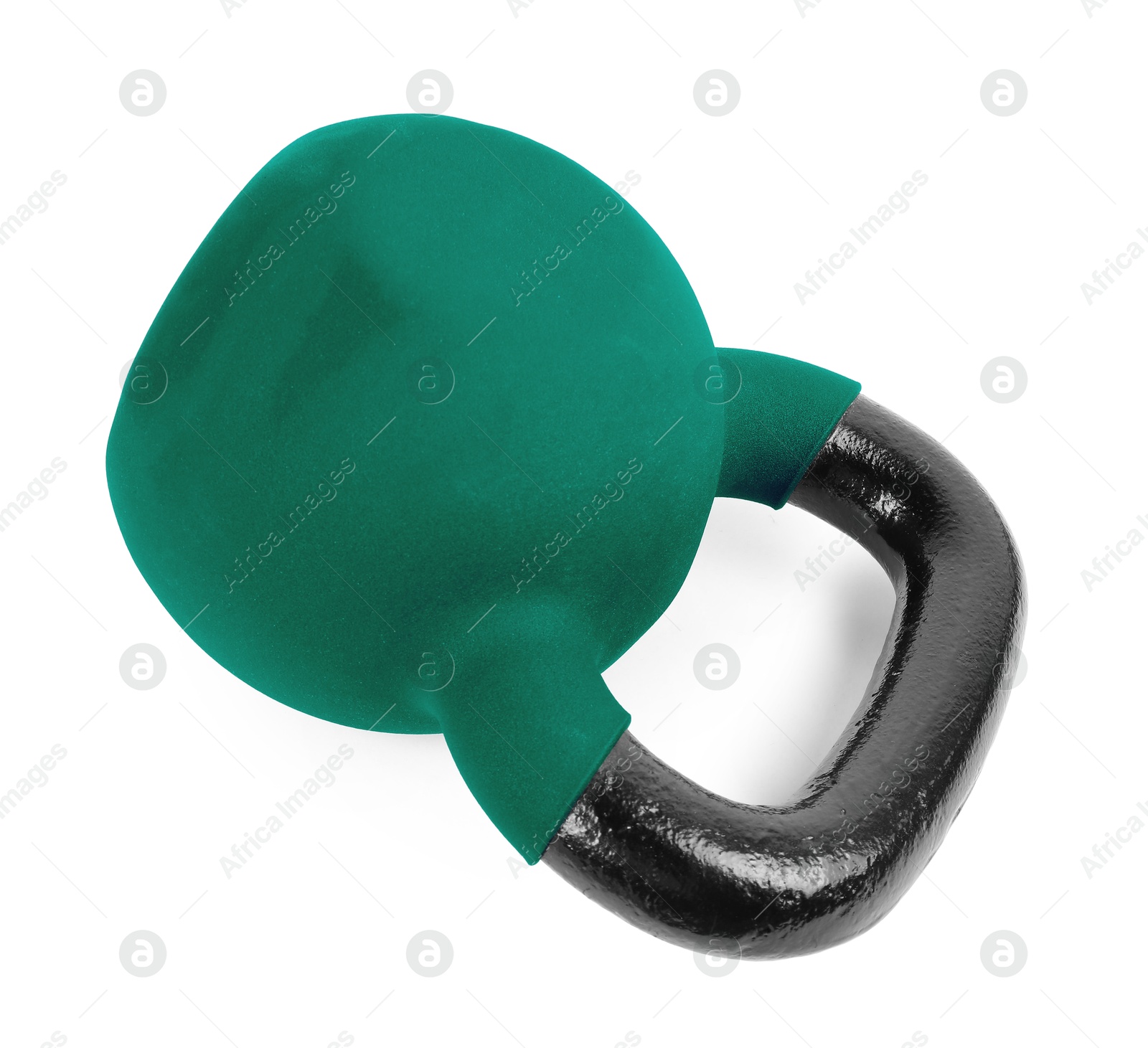 Image of One teal kettlebell isolated on white. Workout equipment