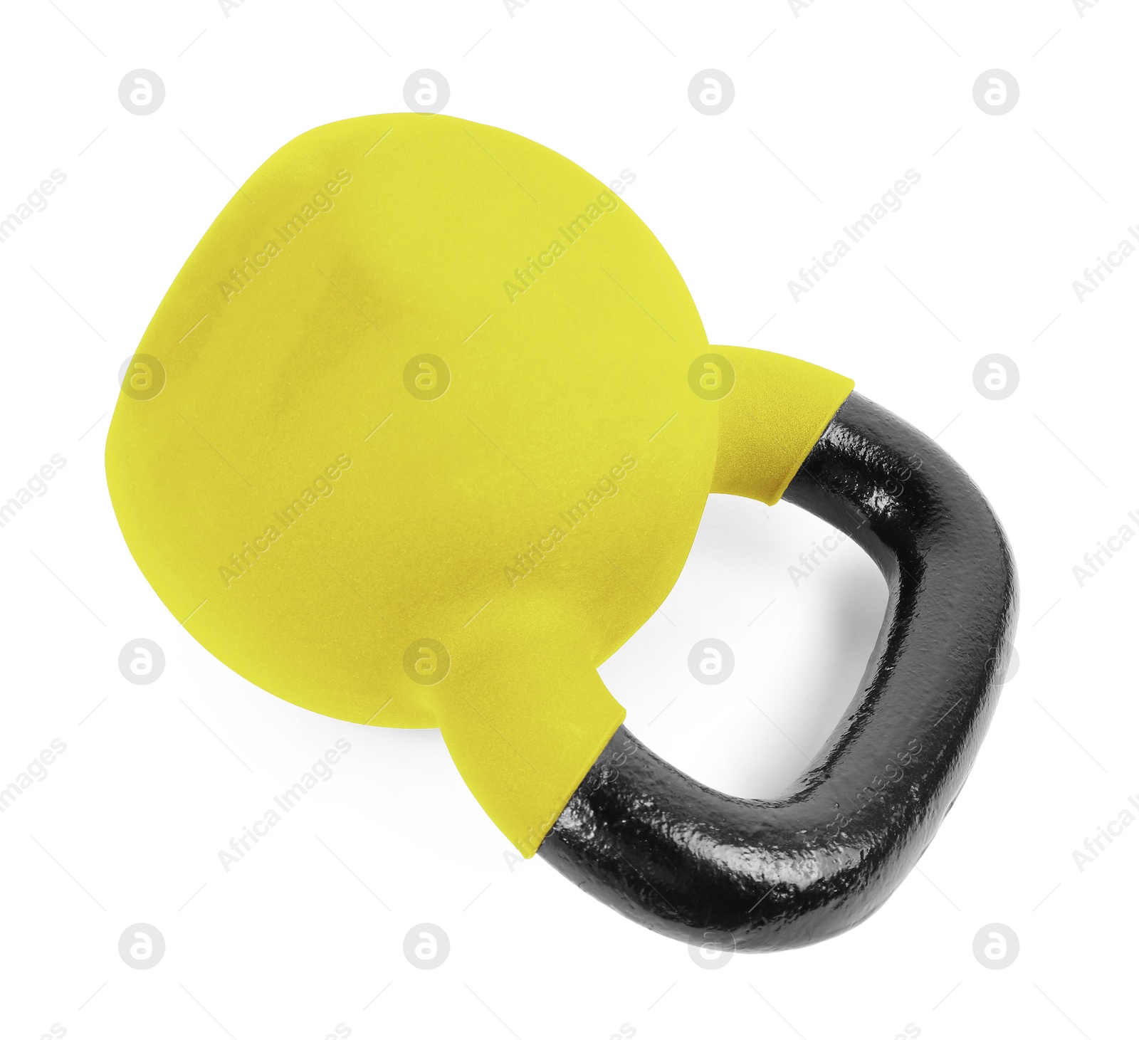 Image of One yellow kettlebell isolated on white. Workout equipment