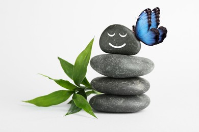 Image of Butterfly on stone with smiling face, stack of pebbles and green branch on white background. Harmony