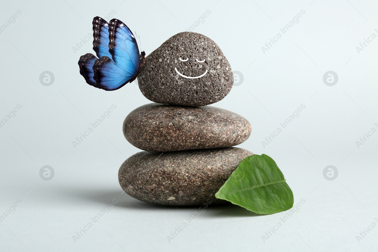 Image of Butterfly on stone with smiling face, stack of pebbles and green leaf on white background. Harmony