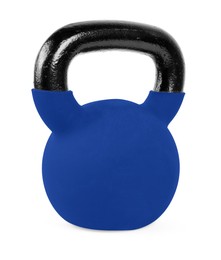 Image of One blue kettlebell isolated on white. Workout equipment