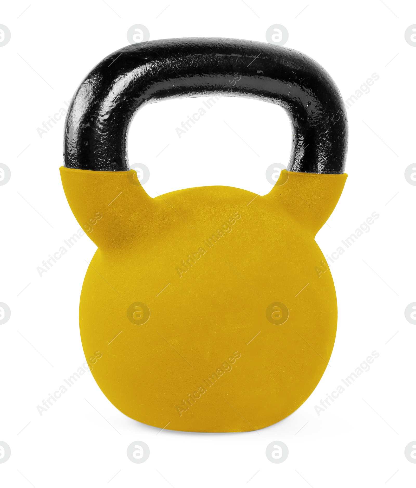 Image of One golden kettlebell isolated on white. Workout equipment