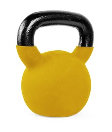 Image of One golden kettlebell isolated on white. Workout equipment