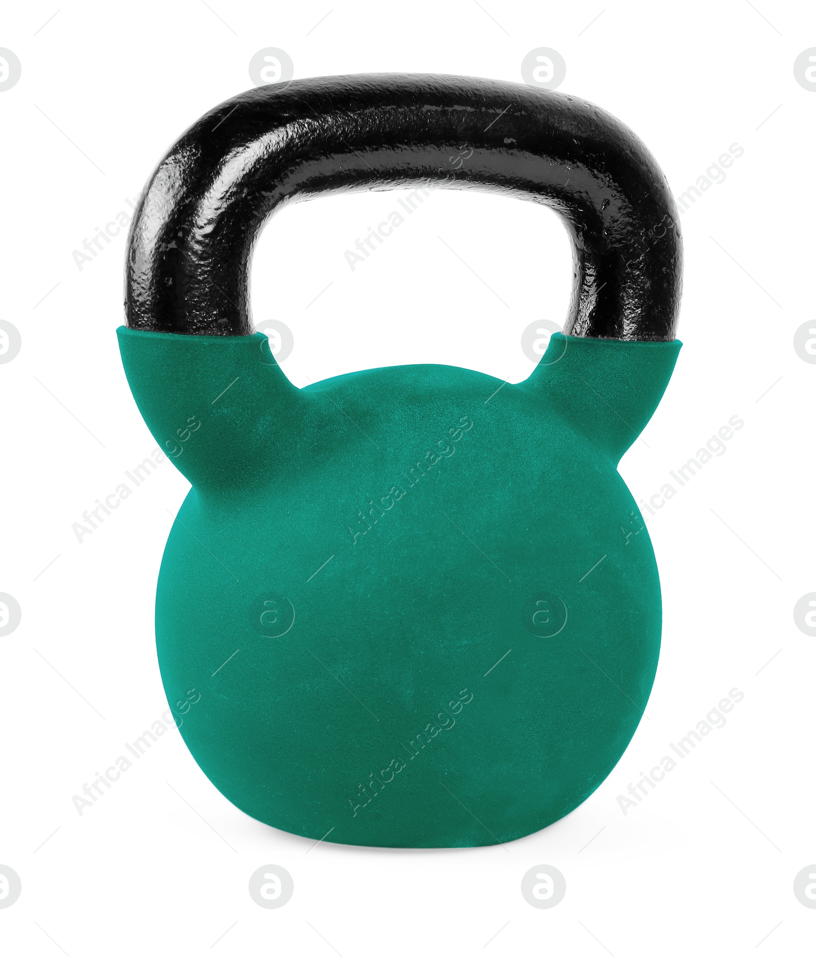 Image of One teal kettlebell isolated on white. Workout equipment