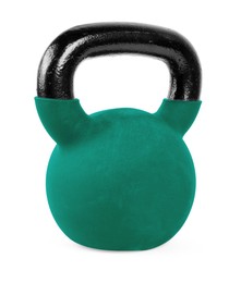 Image of One teal kettlebell isolated on white. Workout equipment