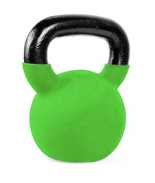 Image of One light green kettlebell isolated on white. Workout equipment