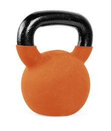 Image of One orange kettlebell isolated on white. Workout equipment