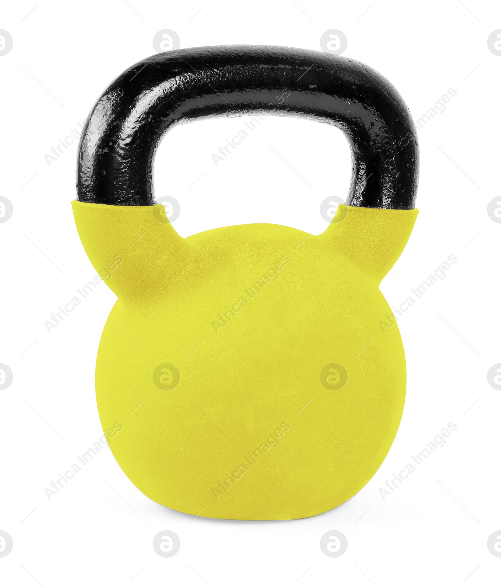 Image of One yellow kettlebell isolated on white. Workout equipment