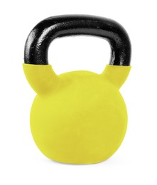 Image of One yellow kettlebell isolated on white. Workout equipment