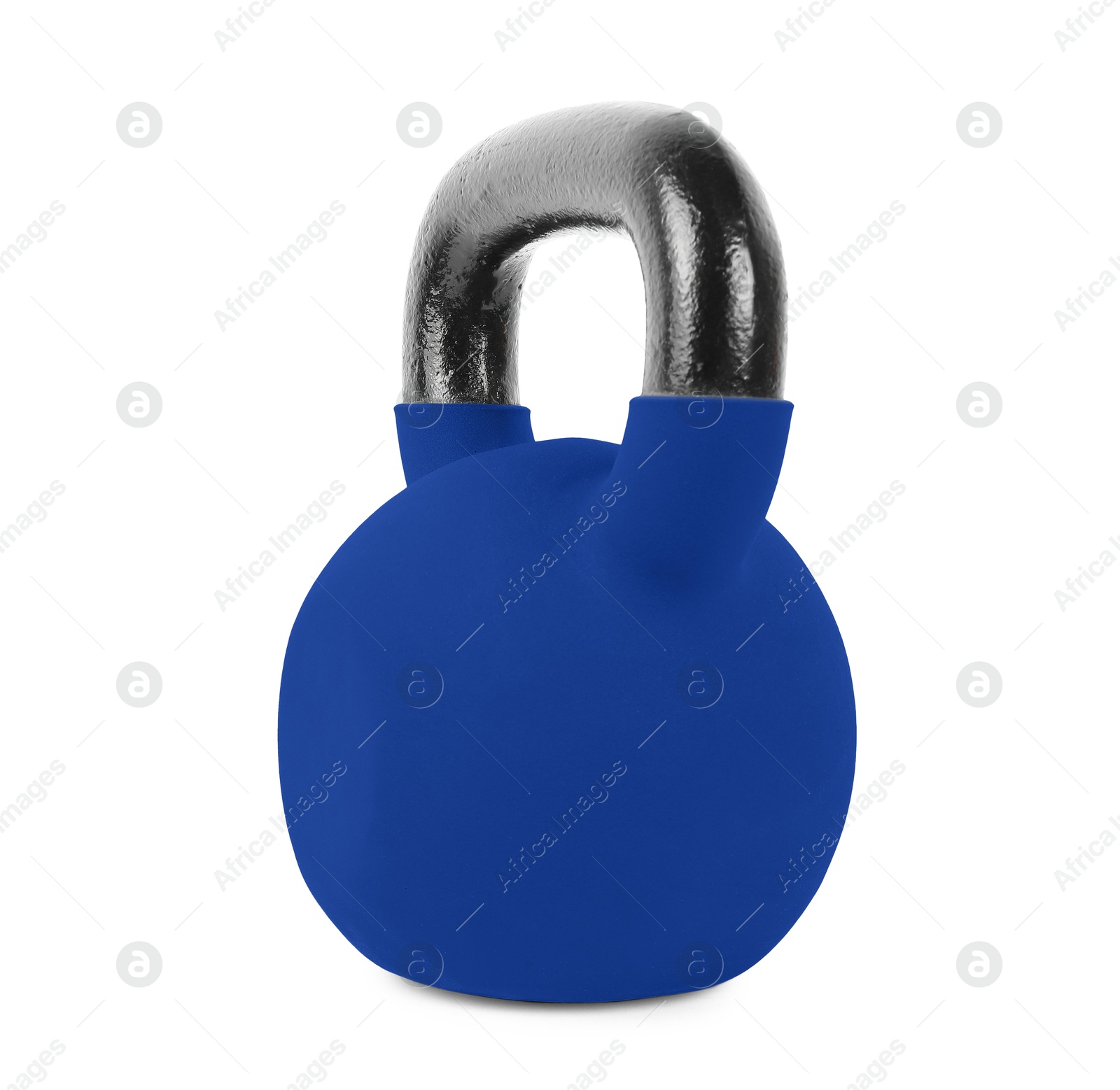 Image of One blue kettlebell isolated on white. Workout equipment