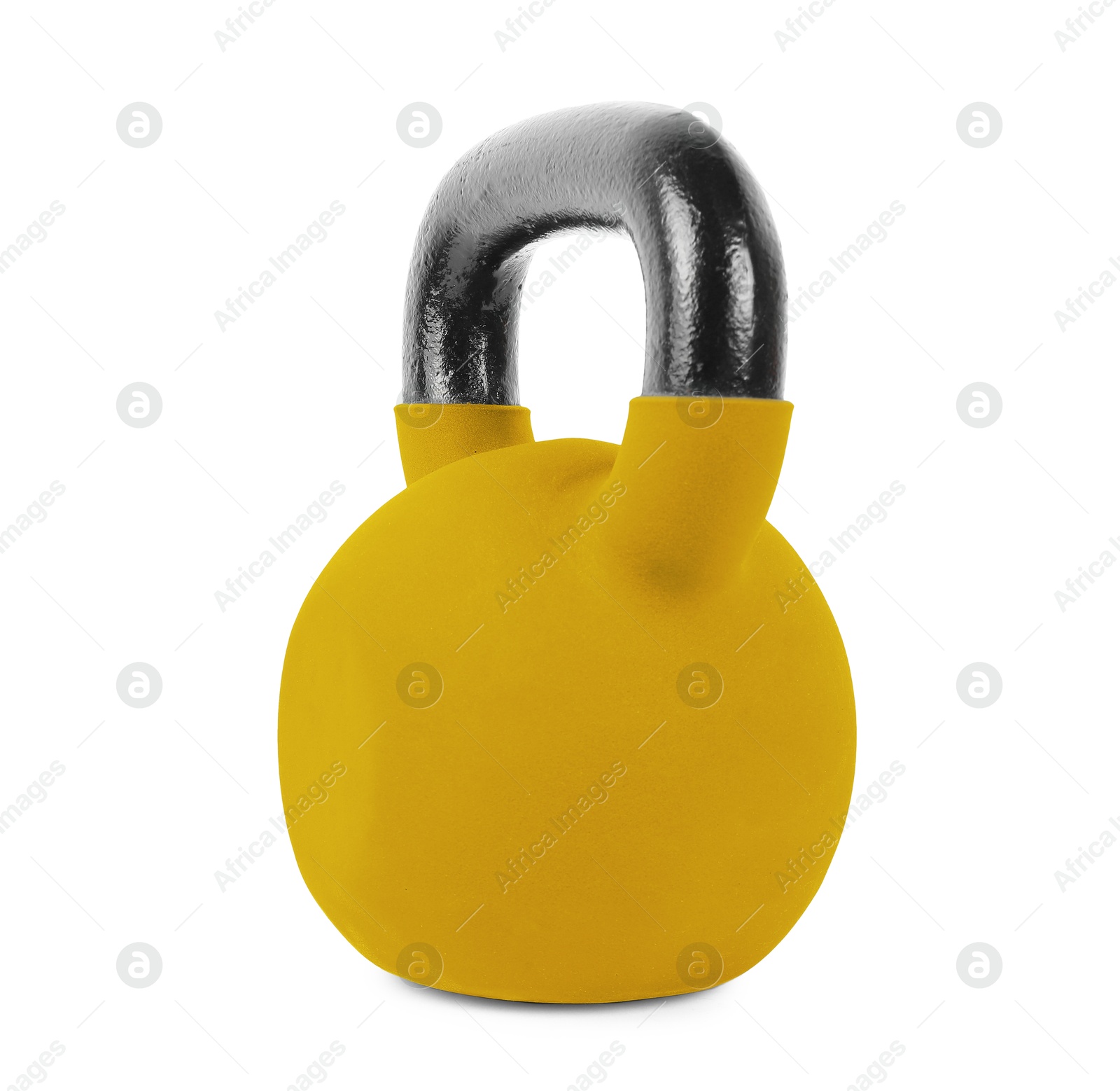 Image of One golden kettlebell isolated on white. Workout equipment