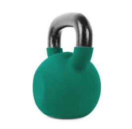 Image of One teal kettlebell isolated on white. Workout equipment