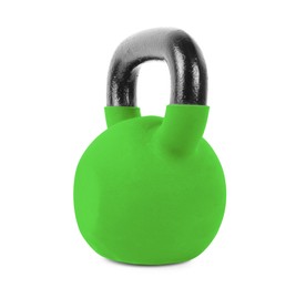 Image of One light green kettlebell isolated on white. Workout equipment