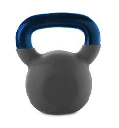 Image of One kettlebell with blue metal handle isolated on white