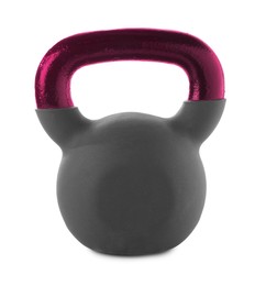 Image of One kettlebell with crimson metal handle isolated on white