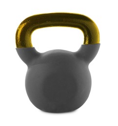 Image of One kettlebell with golden metal handle isolated on white