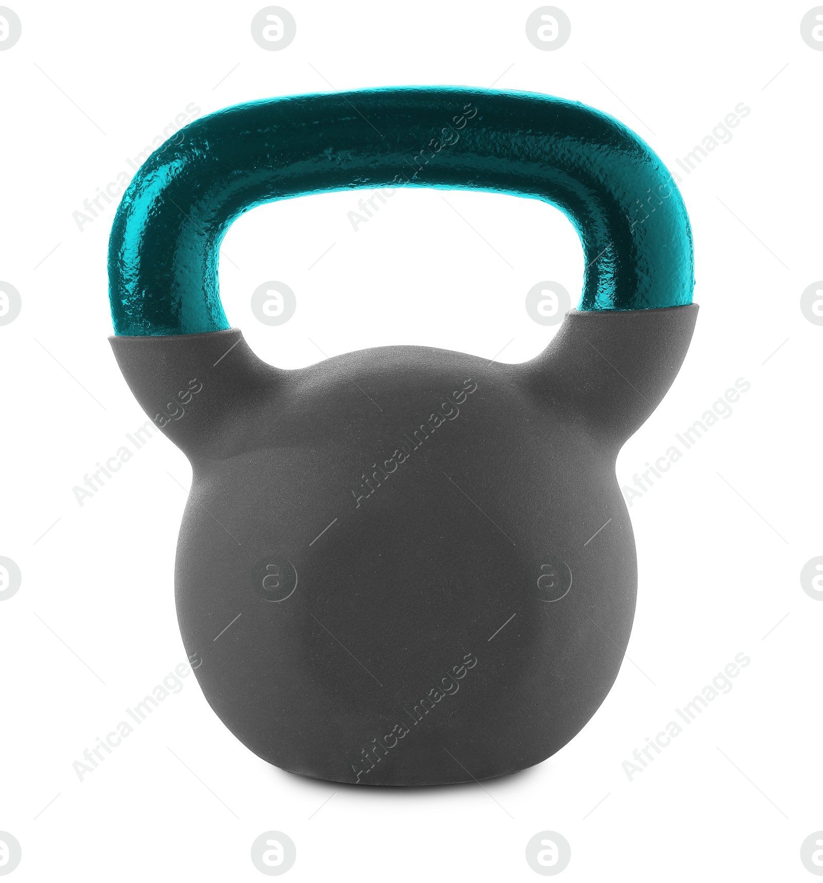 Image of One kettlebell with teal metal handle isolated on white