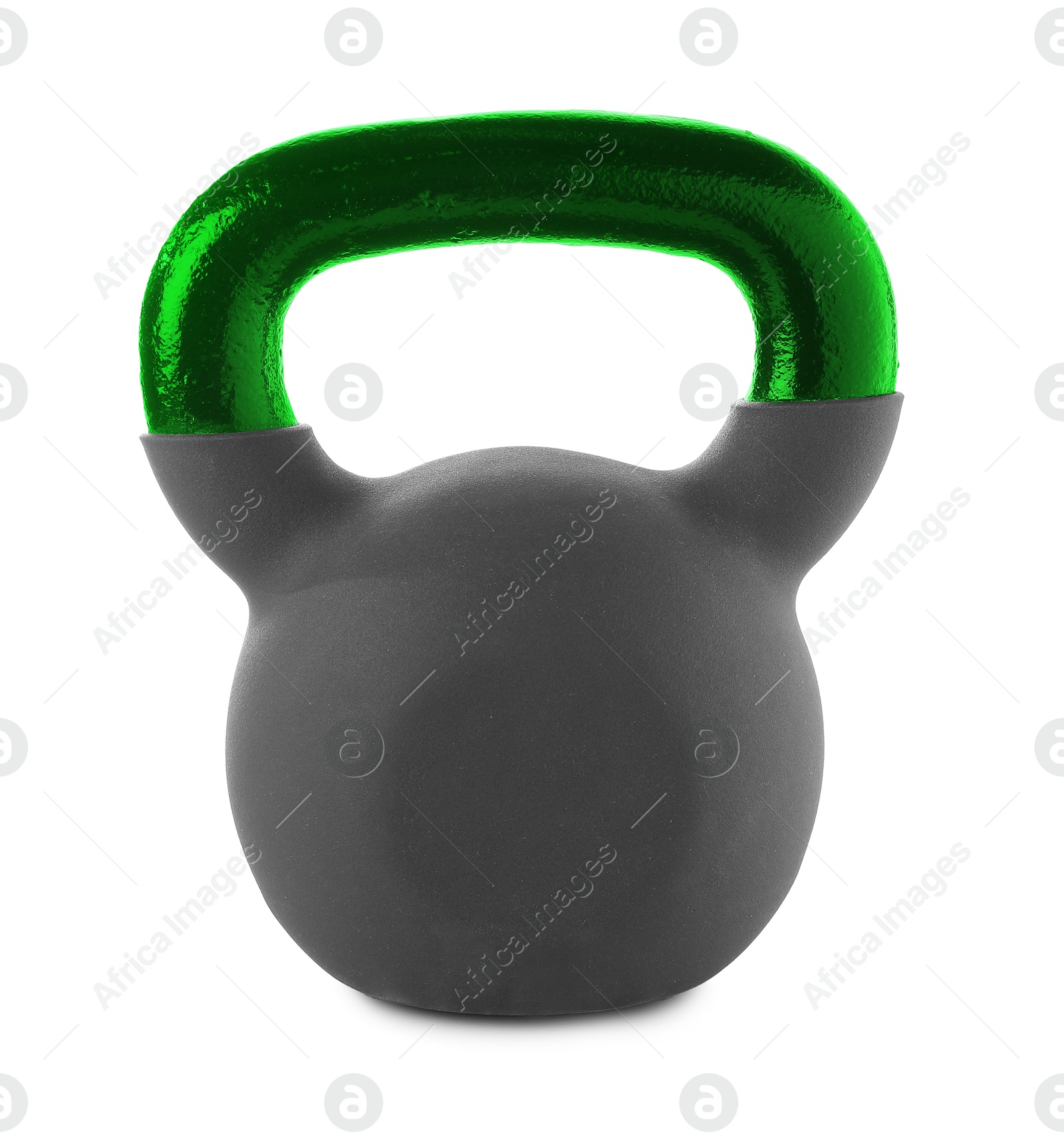 Image of One kettlebell with green metal handle isolated on white