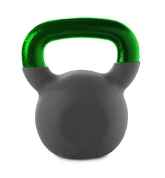 Image of One kettlebell with green metal handle isolated on white