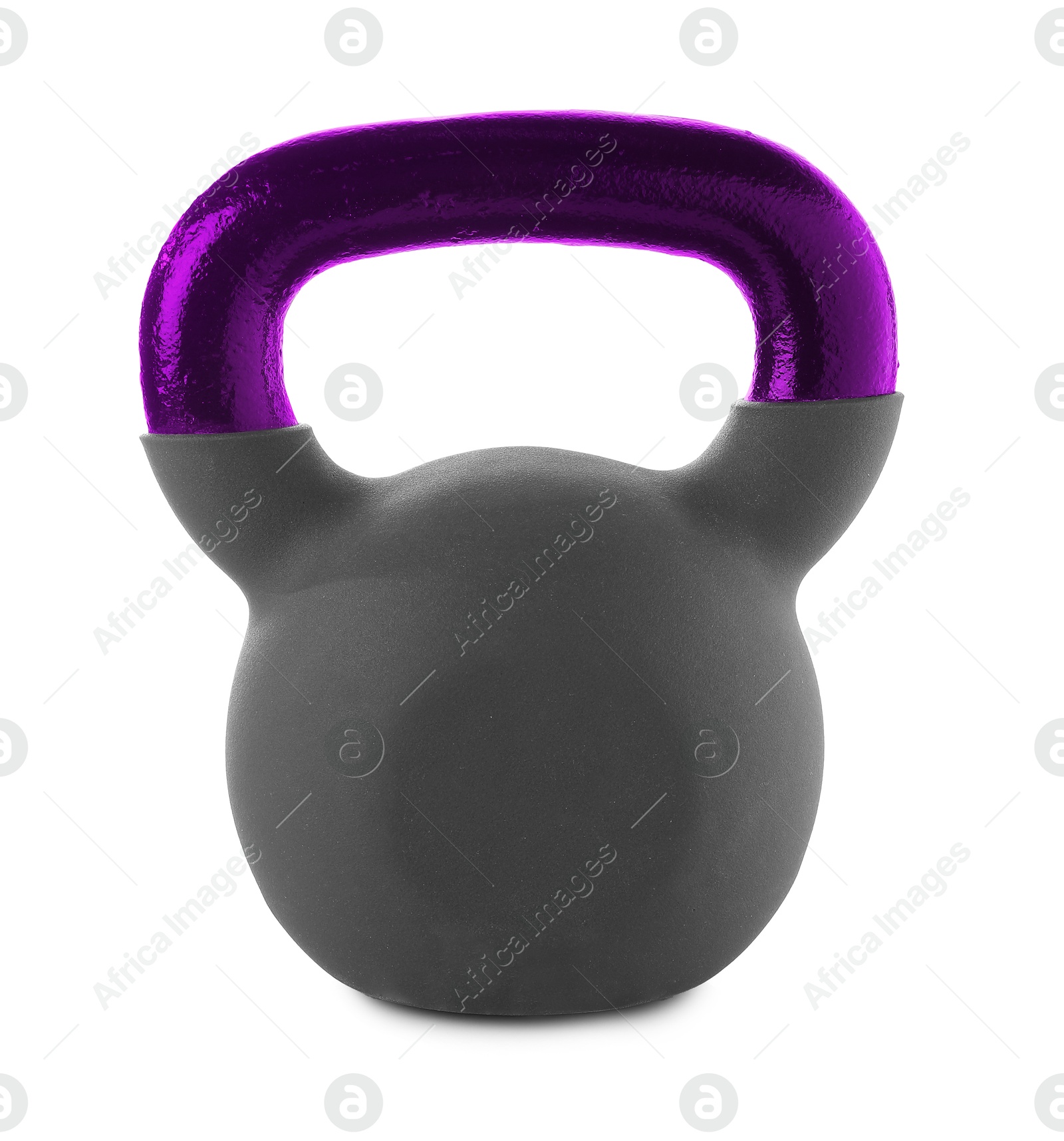 Image of One kettlebell with purple metal handle isolated on white