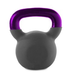 Image of One kettlebell with purple metal handle isolated on white