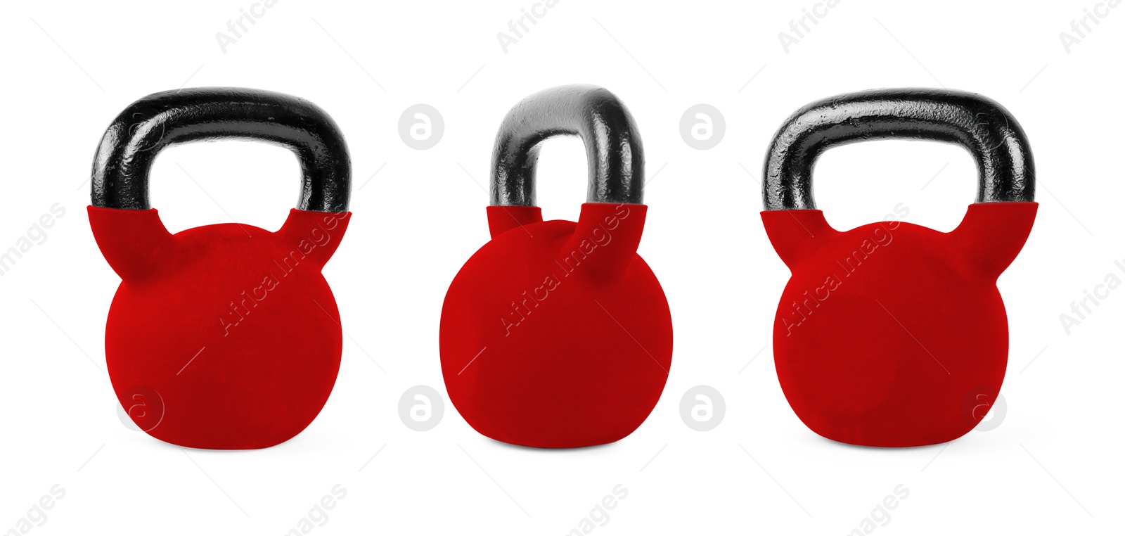 Image of Red kettlebell on white background, collage. Views from different sides