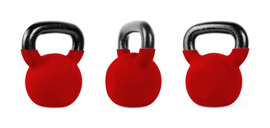 Image of Red kettlebell on white background, collage. Views from different sides