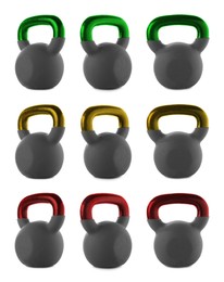 Image of Kettlebells with metal handles in different colors on white background, collage