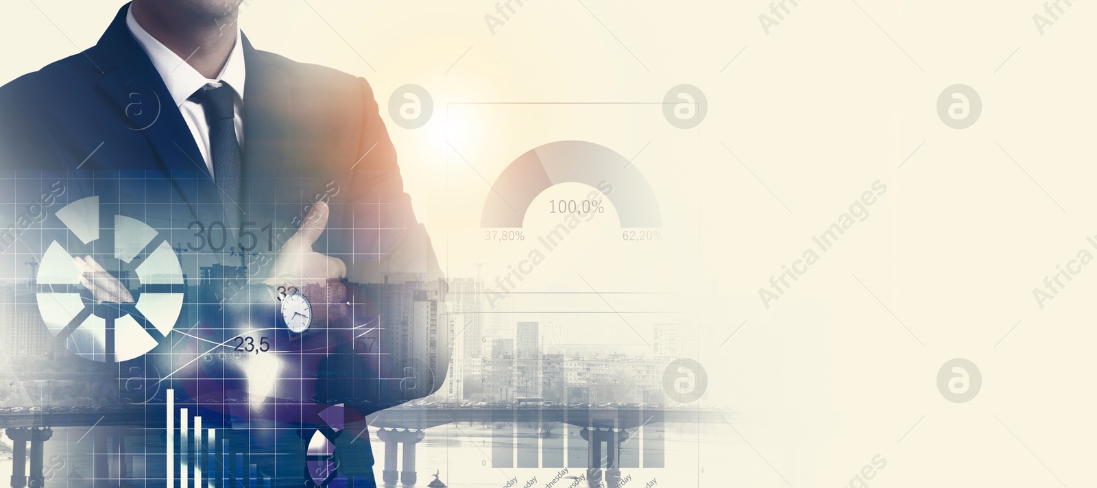 Image of Business success. Multiple exposure of man, graphs and cityscape