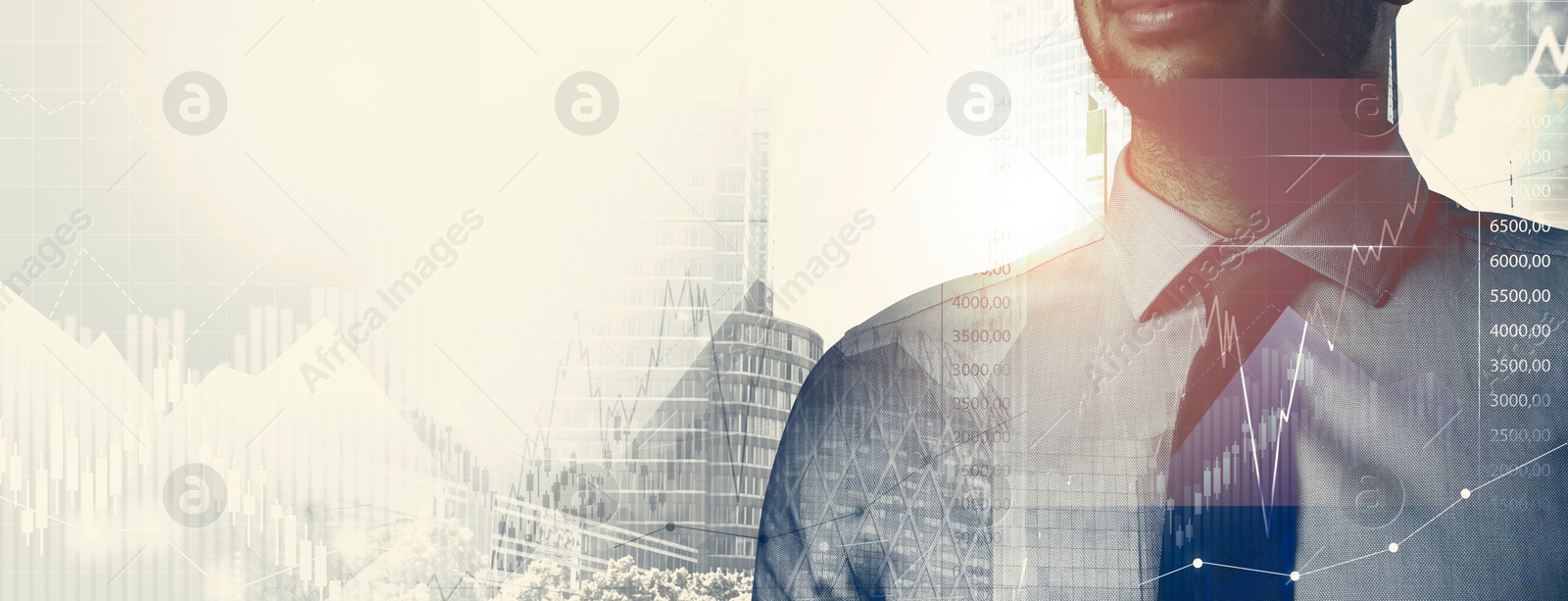 Image of Business success. Multiple exposure of man, graphs and cityscape