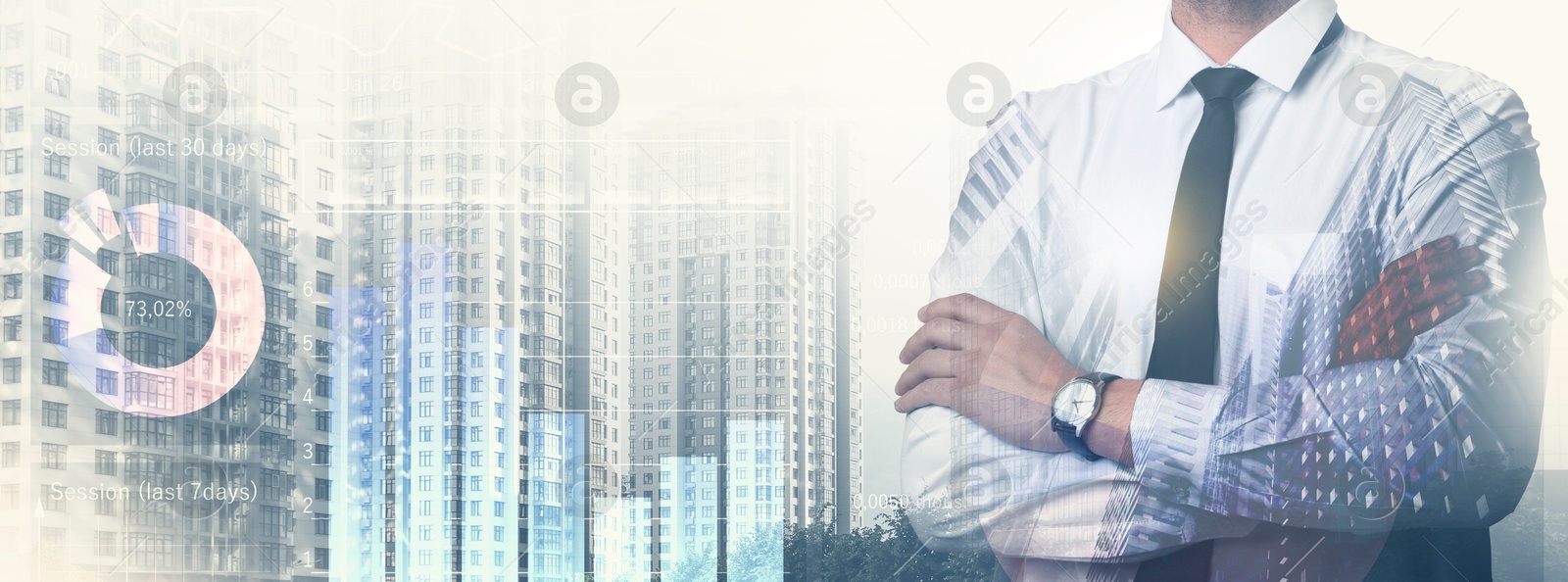 Image of Business success. Multiple exposure of man, graphs and cityscape