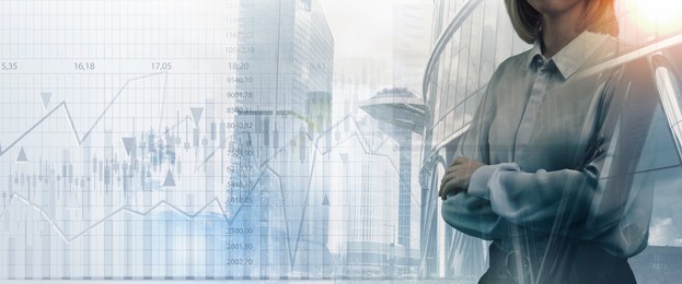 Image of Business success. Multiple exposure of woman, graphs and cityscape