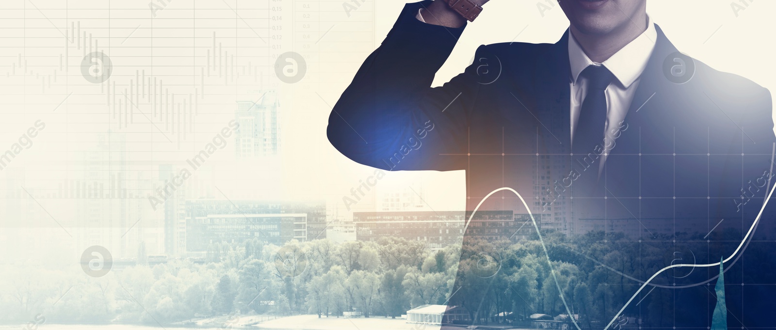 Image of Business success. Multiple exposure of man, graphs and cityscape