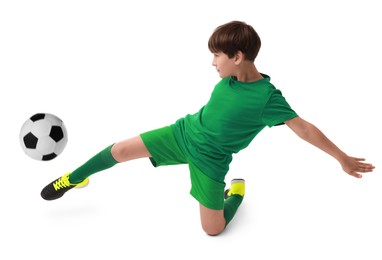 Image of Football player in sportswear kicking soccer ball on white background