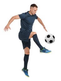 Image of Football player in sportswear kicking soccer ball on white background