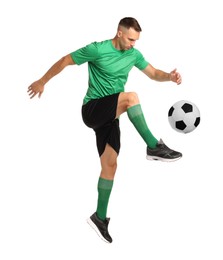 Image of Football player in sportswear kicking soccer ball on white background