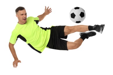 Image of Football player in sportswear kicking soccer ball on white background