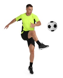 Image of Football player in sportswear kicking soccer ball on white background