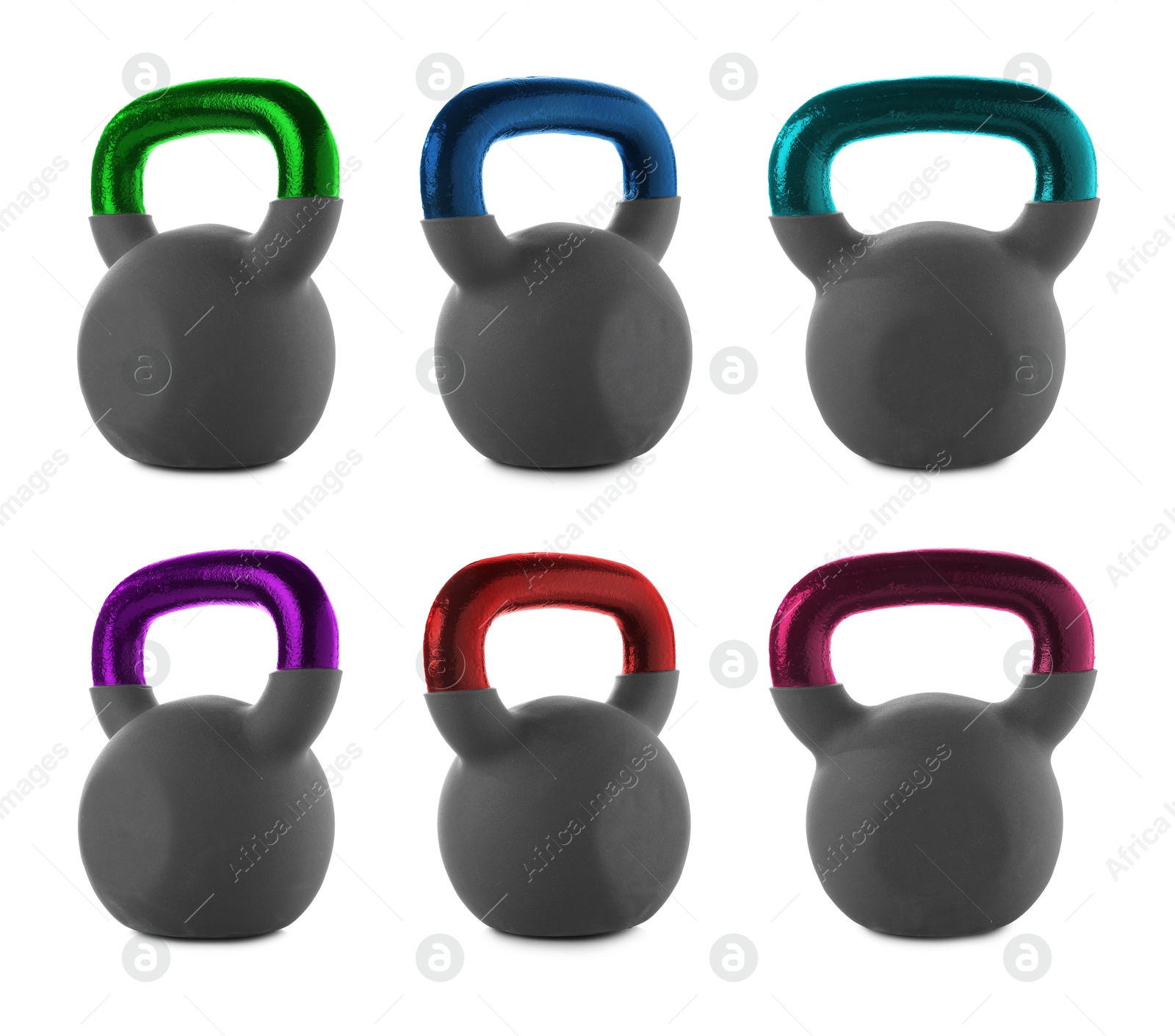 Image of Kettlebells with metal handles in different colors on white background, collage