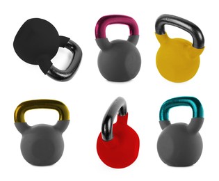 Image of Kettlebells with metal handles in different colors on white background, collage