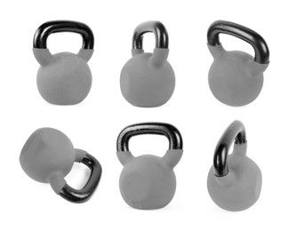 Image of Grey kettlebell on white background, collage. Views from different sides