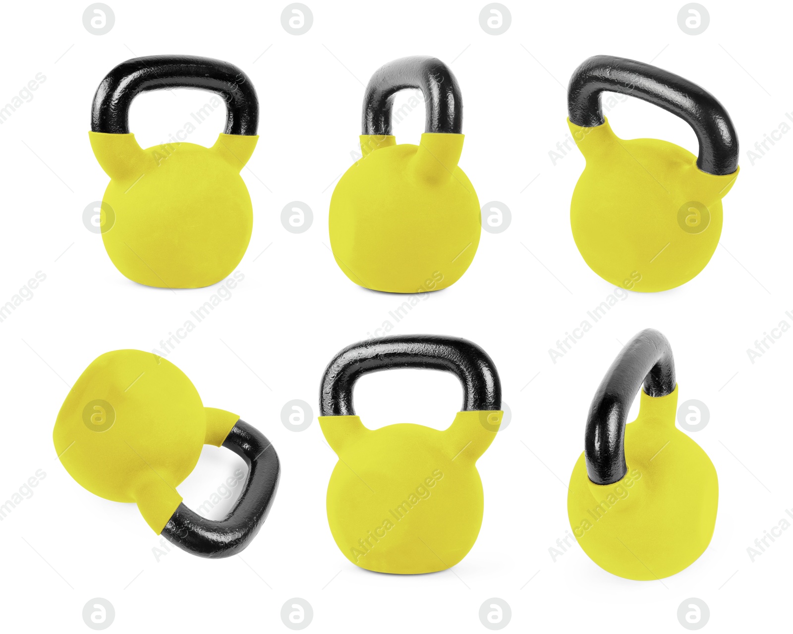 Image of Yellow kettlebell on white background, collage. Views from different sides