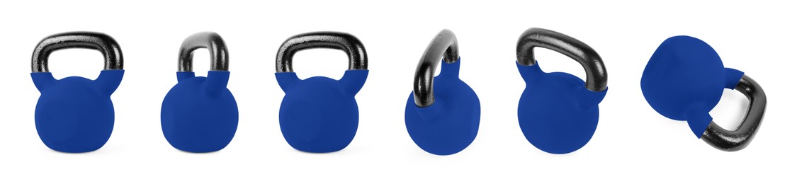 Image of Blue kettlebell on white background, collage. Views from different sides