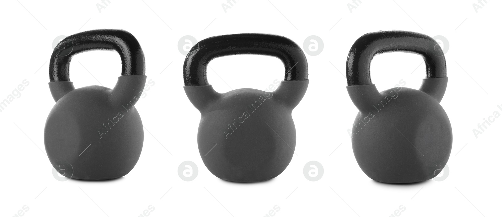 Image of Grey kettlebell on white background, collage. Views from different sides